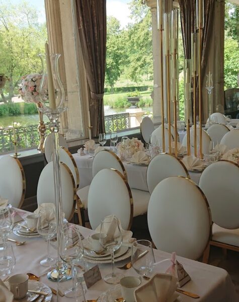 Essentie Hall decorated for a wedding with a view of the pond